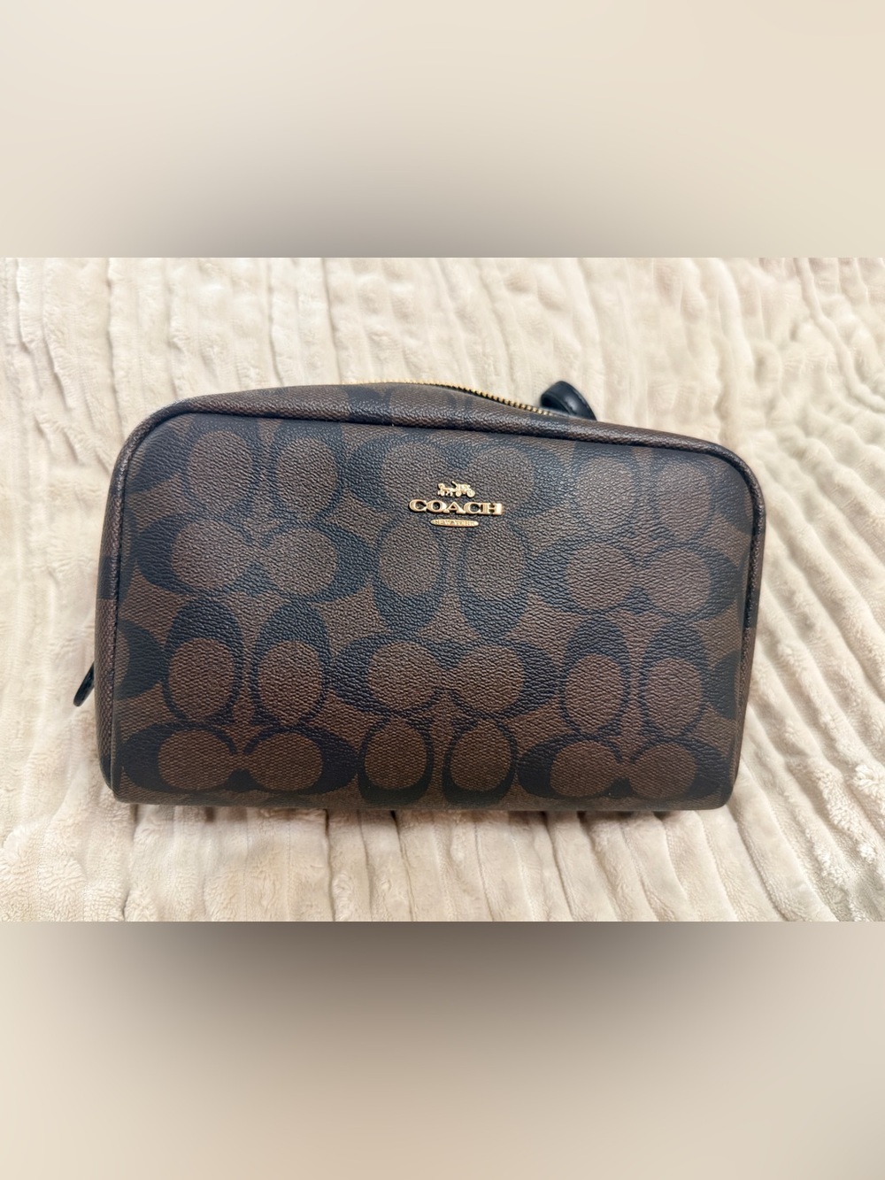 NWT Coach Brown Signature Toiletry Pouch with Gold Logo